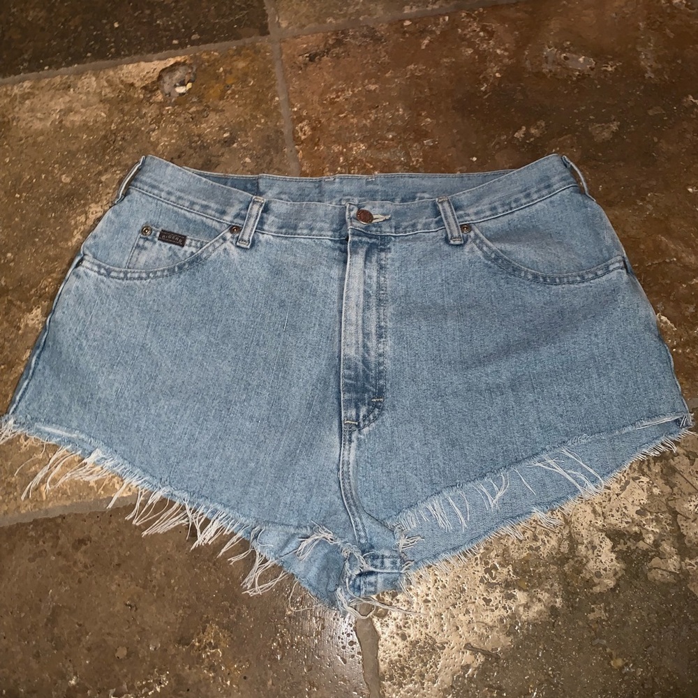Light wash high waist denim shorts (distressed)